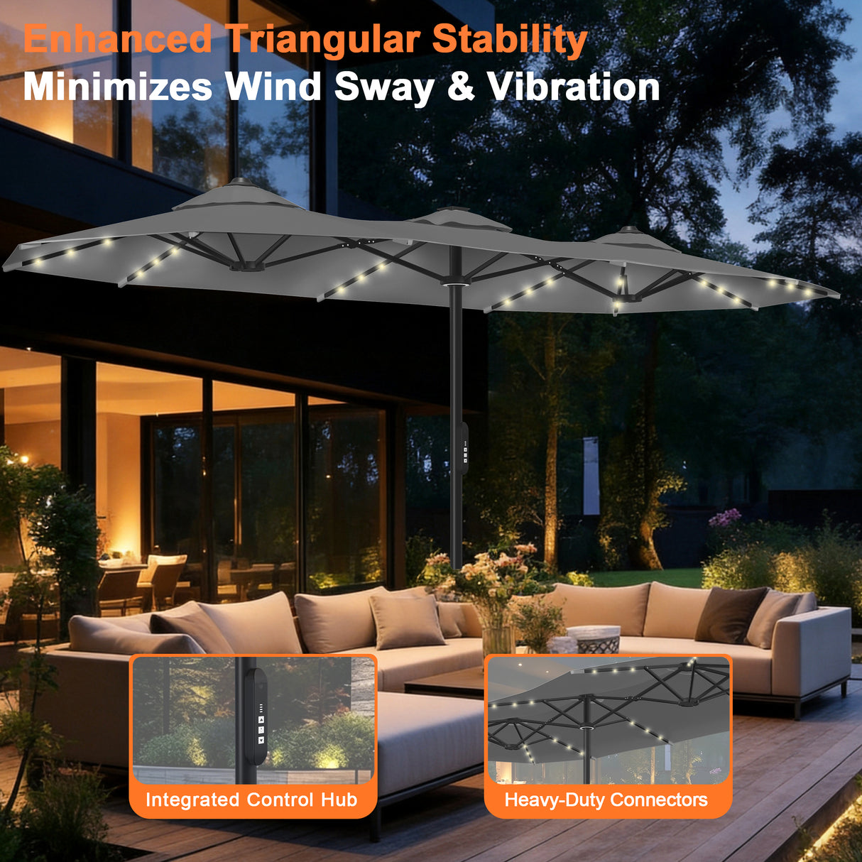 Patioslife Aegis Premium Motorized Double-Sided Patio Umbrella — Remote Control, UPF 50+, Solar LED & Windproof Frame
