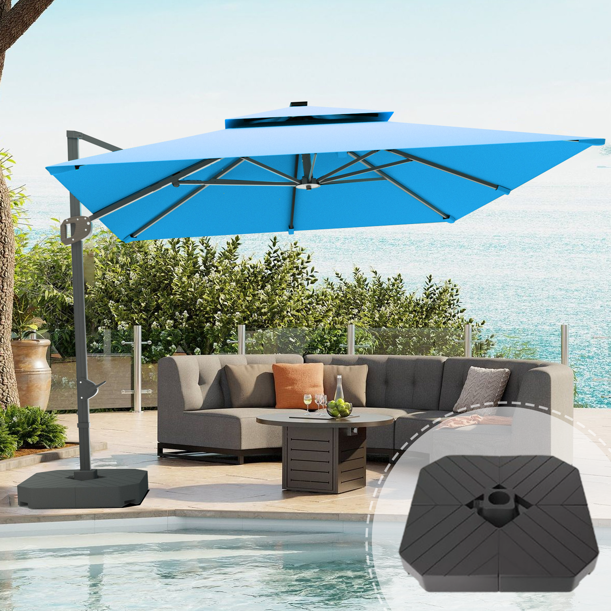 Patioslife Aegis Pro™ Cantilever Umbrella with Base & Protective Cover — Fibreglass Ribs & Powder-Coated Aluminium Pole for Garden & Patio