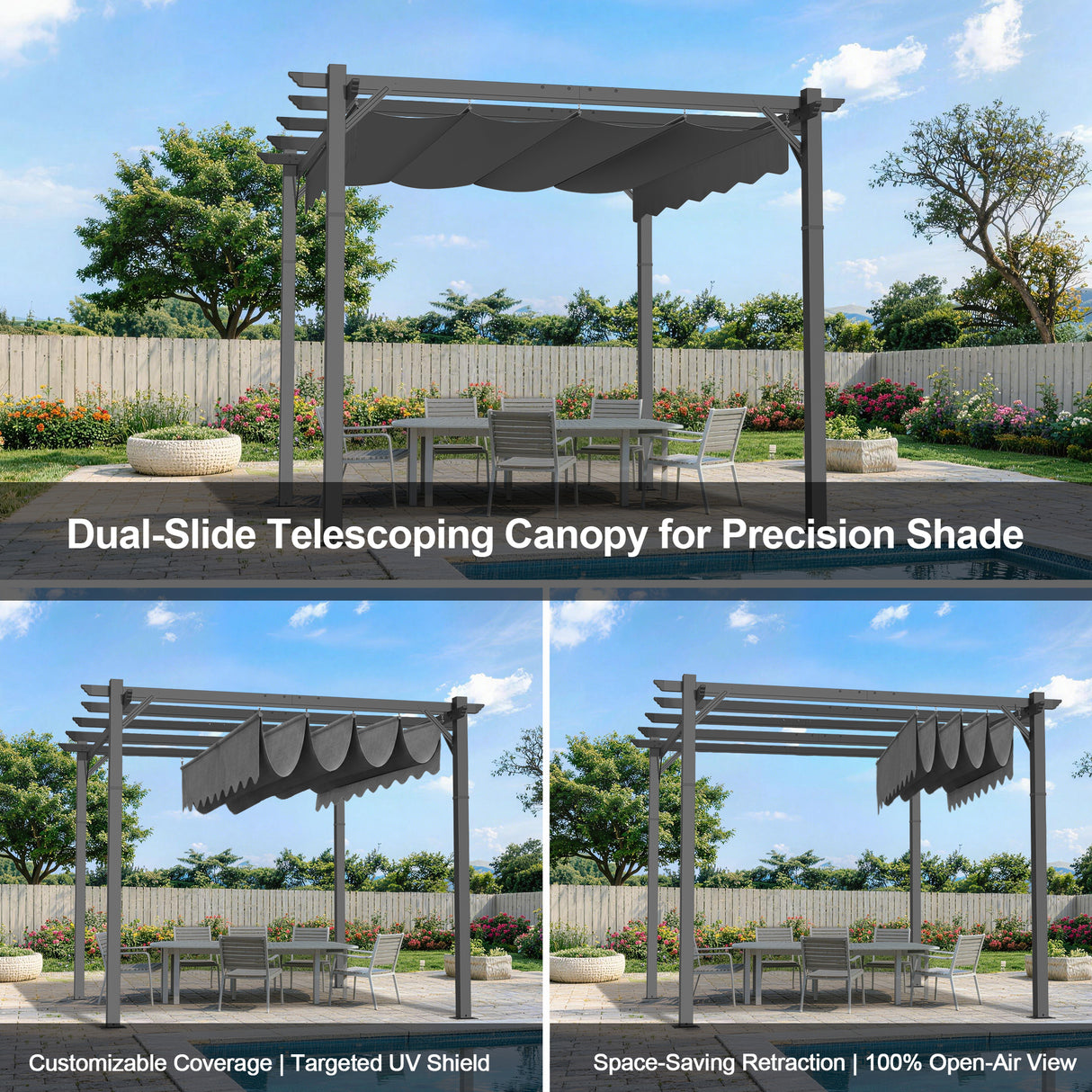 Patioslife Atlantic Retractable Pergola with Adjustable Canopy — Heavy-Duty Outdoor Shade Structure