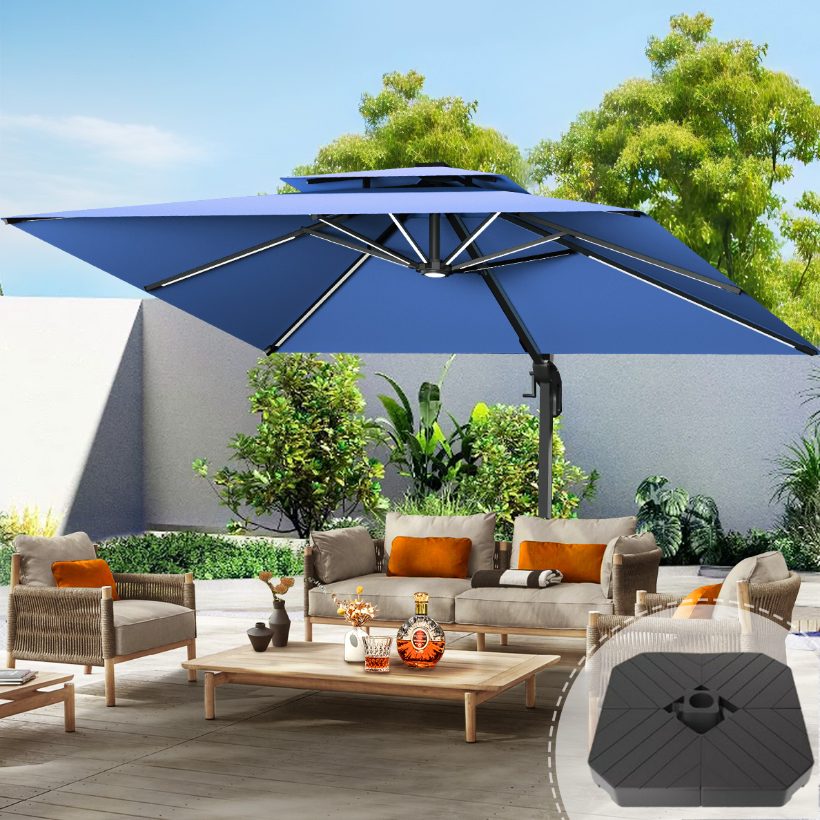 Patioslife Aegis Pro™ Premium Cantilever Umbrella with LED Strip Lights, Fibreglass Ribs & Powder-Coated Aluminium Pole — Luxury Garden & Patio Shade
