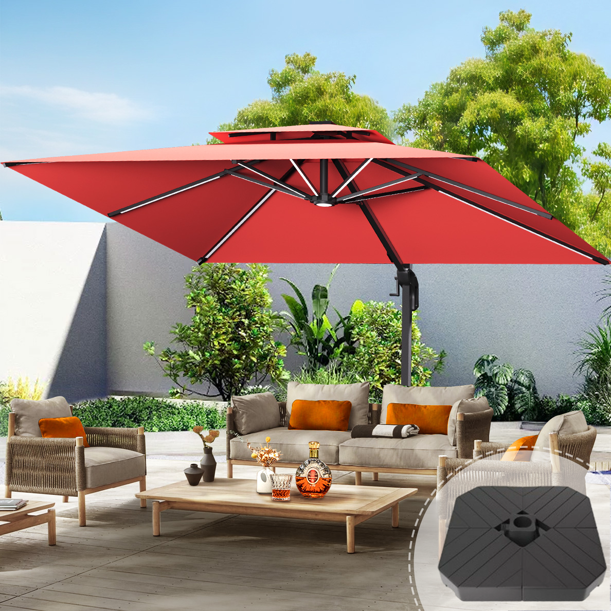 Patioslife Aegis Pro™ Premium Cantilever Umbrella with LED Strip Lights, Fibreglass Ribs & Powder-Coated Aluminium Pole — Luxury Garden & Patio Shade