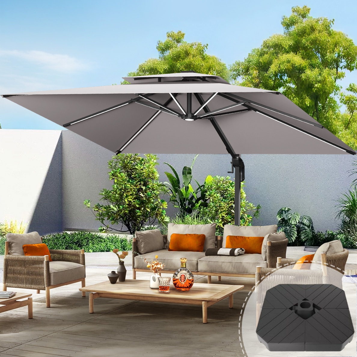 Patioslife Aegis Pro™ Premium Cantilever Umbrella with LED Strip Lights, Fibreglass Ribs & Powder-Coated Aluminium Pole — Luxury Garden & Patio Shade