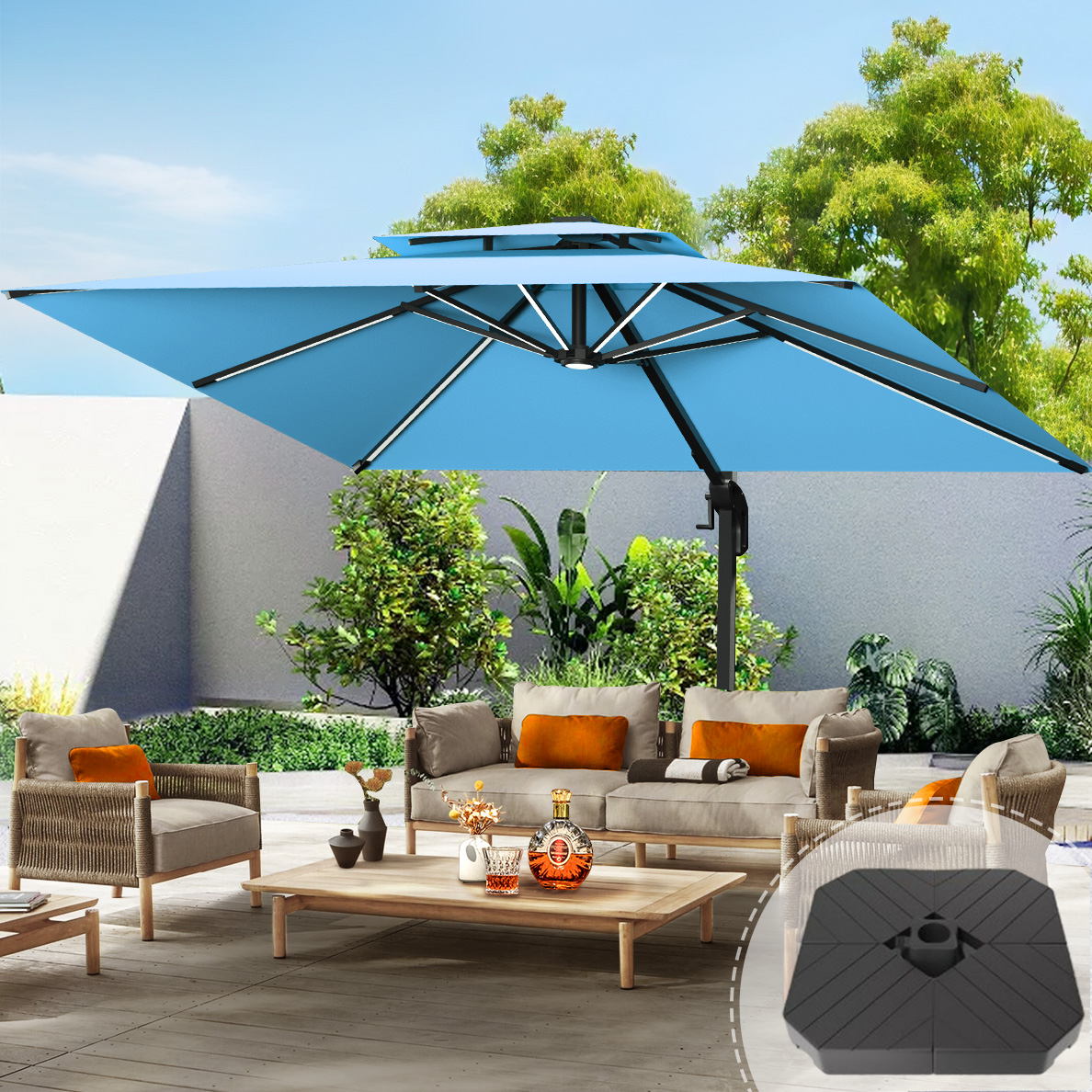 Patioslife Aegis Pro™ Premium Cantilever Umbrella with LED Strip Lights, Fibreglass Ribs & Powder-Coated Aluminium Pole — Luxury Garden & Patio Shade