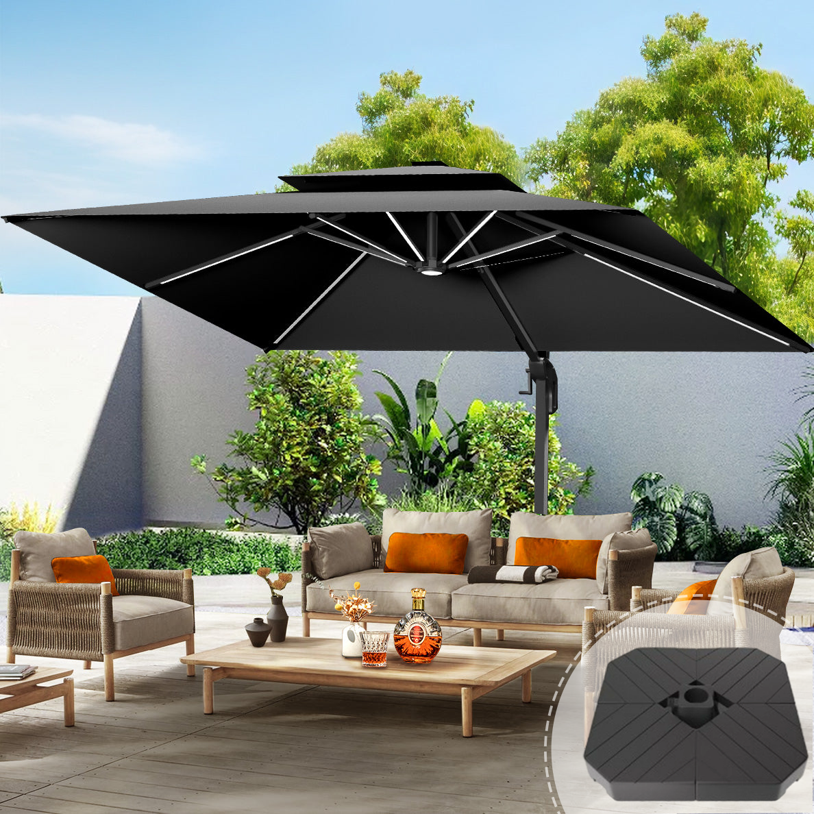 Patioslife Aegis Pro™ Premium Cantilever Umbrella with LED Strip Lights, Fibreglass Ribs & Powder-Coated Aluminium Pole — Luxury Garden & Patio Shade