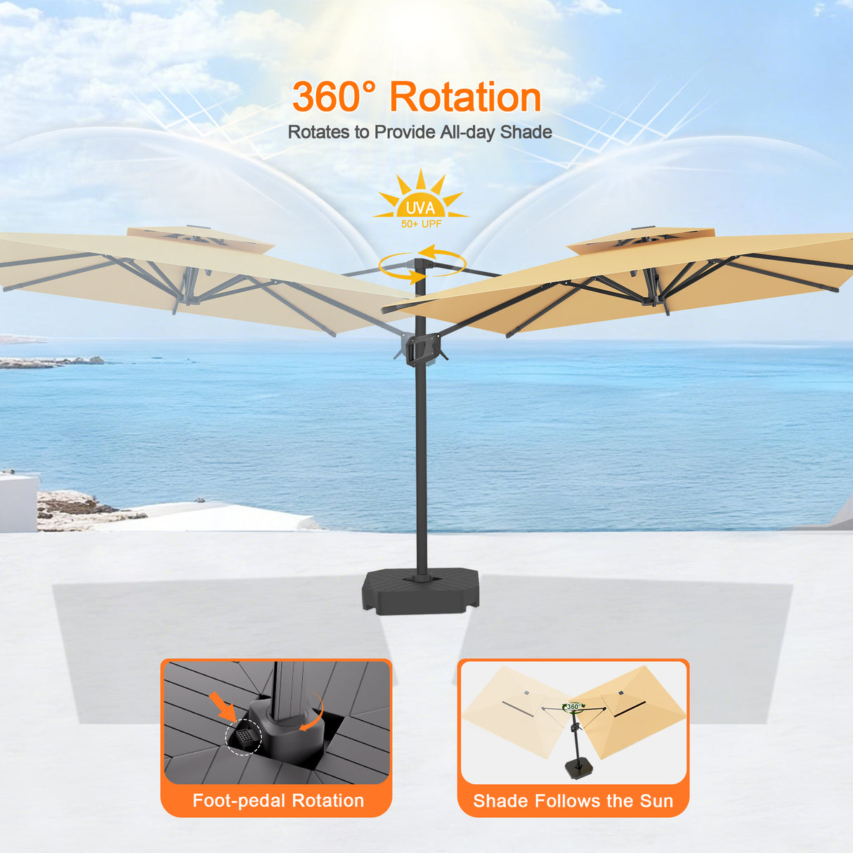 Patioslife Aegis Pro™ Cantilever Umbrella with Cross Metal Base, Reinforced & Powder-Coated Aluminium Ribs and Pole, Ideal for Garden & Patio