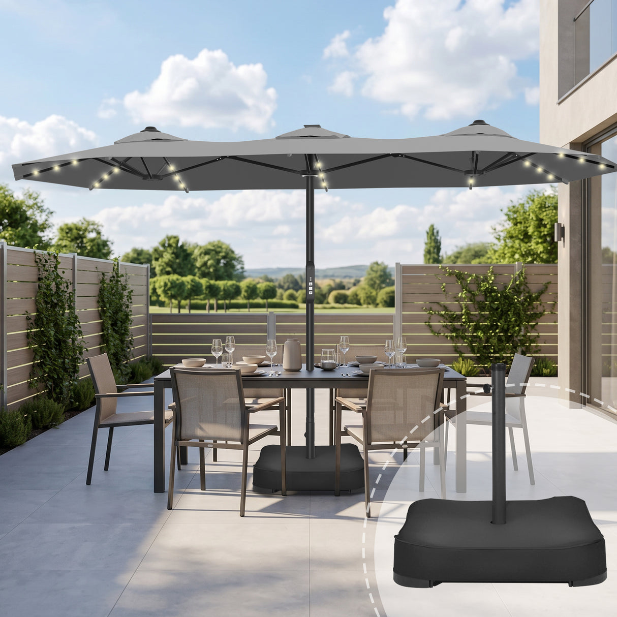 Patioslife Aegis Premium Motorized Double-Sided Patio Umbrella — Remote Control, UPF 50+, Solar LED & Windproof Frame