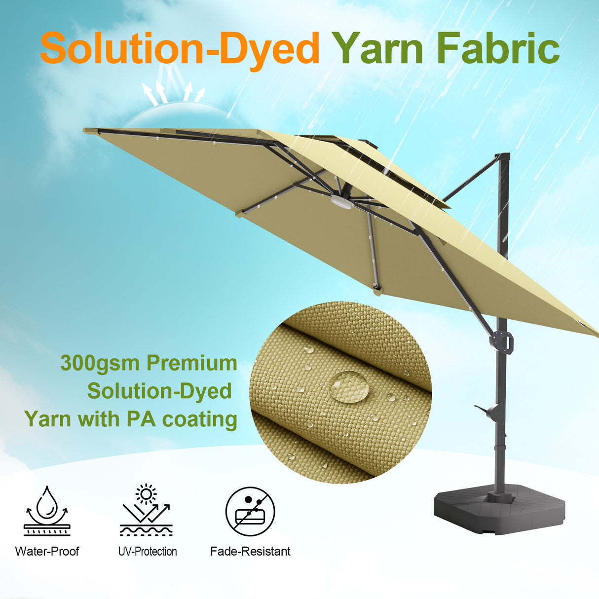 Patioslife Aegis Pro™ Cantilever Umbrella with LED Lights, Fibreglass Ribs & Powder-Coated Aluminium Pole — Perfect for Garden & Patio