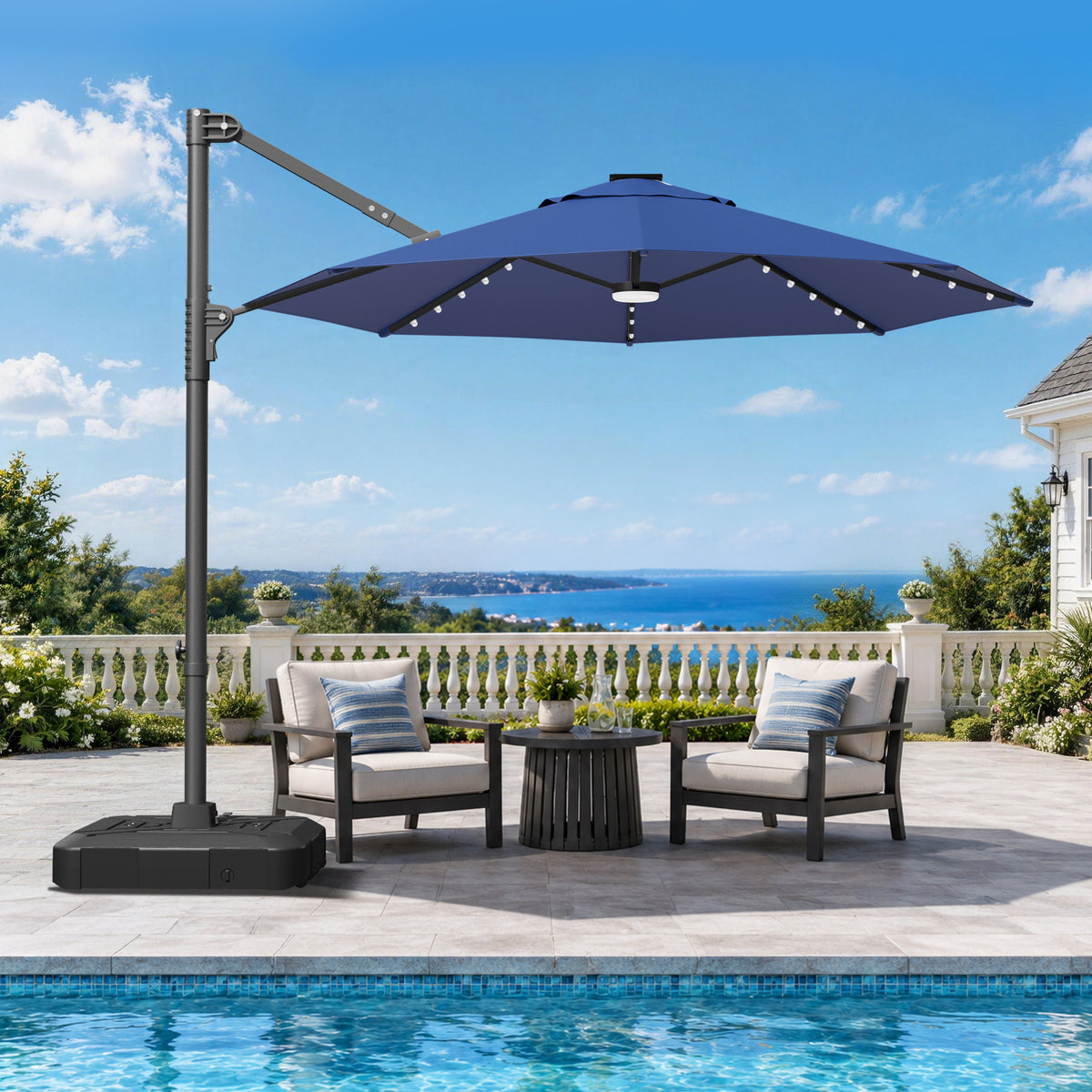 Patioslife Aegis 10ft Round Cantilever Patio Umbrella with solar LED lights | Premium Cover | Large Base