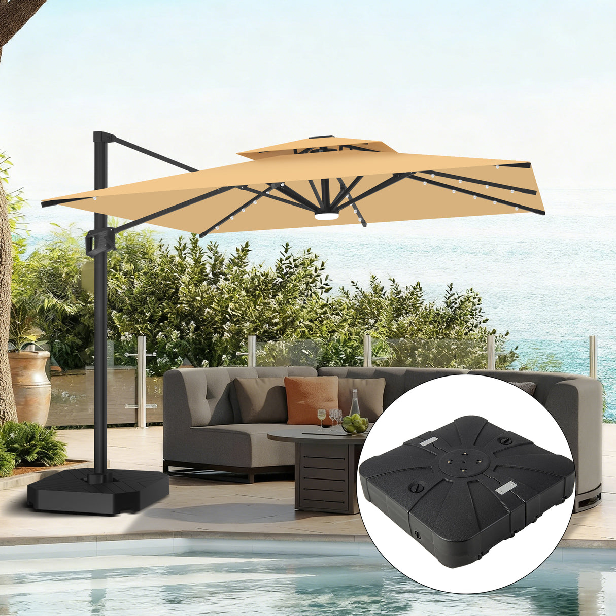 Patioslife 10x13ft beige cantilever patio umbrella with LED lights and heavy duty base for poolside outdoor seating