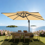 Patioslife 10x13 ft beige cantilever umbrella over wooden outdoor dining set on oceanfront lawn