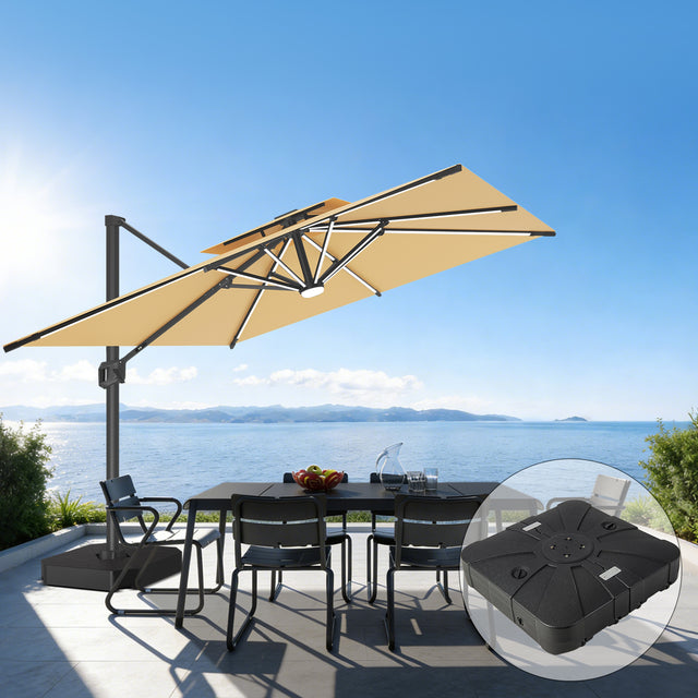 Patioslife 10x13 ft beige cantilever umbrella with LED lights and wheeled base for patio dining shade