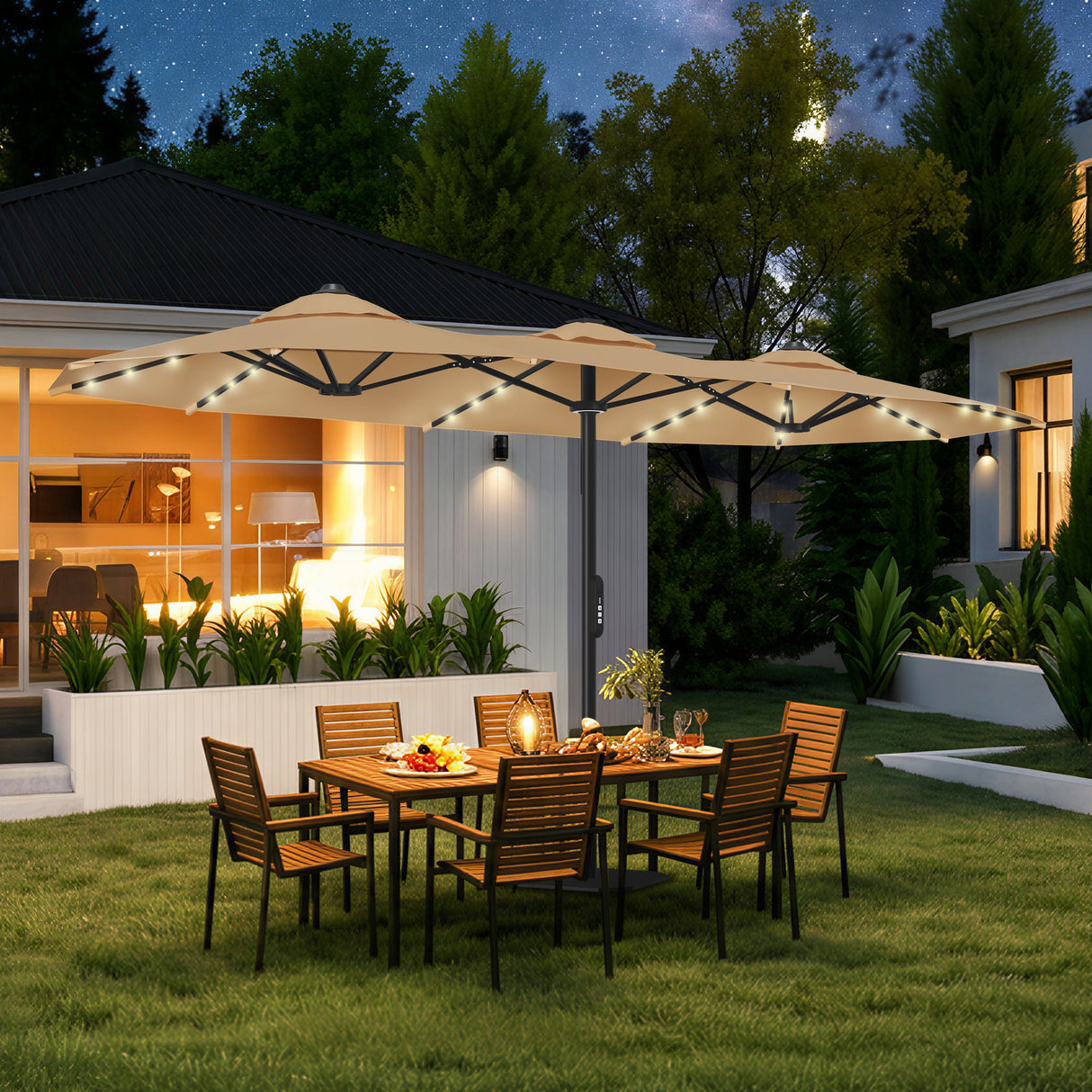 Patioslife beige patio umbrella with LED lights over outdoor dining table in backyard under starry night sky
