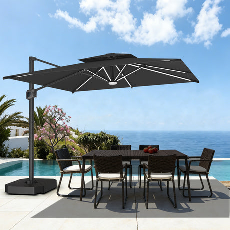 Patioslife 10x13 ft black cantilever umbrella with LED lights over poolside dining table and ocean view patio