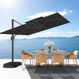 Patioslife 10x13 ft black cantilever umbrella shading wooden dining chairs on modern ocean view patio