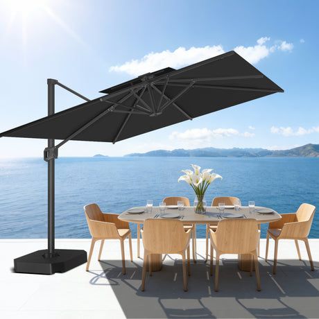 Patioslife 10x13 ft black cantilever umbrella shading wooden dining chairs on modern ocean view patio
