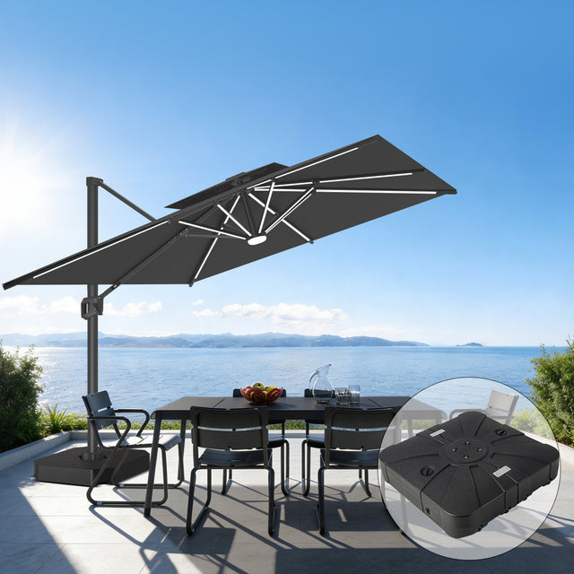Patioslife 10x13 ft black cantilever umbrella with LED lights and wheeled base for ocean view patio shade