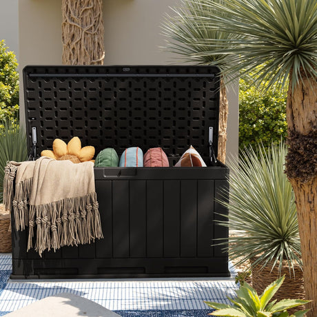 Patioslife 90 gallon black outdoor storage box with cushions, patio deck setting