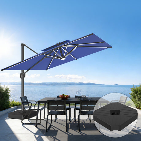 Patioslife 10x13 ft navy blue cantilever umbrella with LED lights and wheeled base over ocean view patio dining set