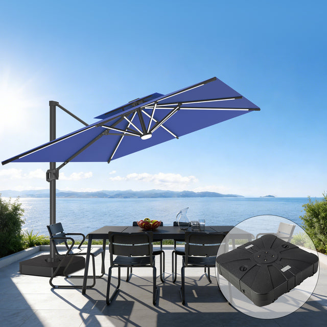 Patioslife 10x13 ft blue cantilever umbrella with LED lights and wheeled base over ocean view patio dining set