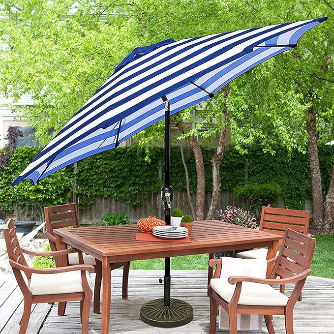 Patioslife 7.5ft blue and white striped patio umbrella with crank tilt over outdoor dining table for backyard shade
