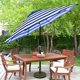 Patioslife 7.5ft blue and white striped patio umbrella with crank tilt over outdoor dining table for backyard shade