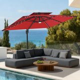 Patioslife 10x13 ft burgundy cantilever umbrella with LED lights over gray outdoor sofa by pool with ocean view