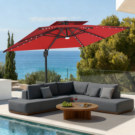 Patioslife 10x13 ft burgundy cantilever umbrella with LED lights over gray outdoor sofa by pool with ocean view