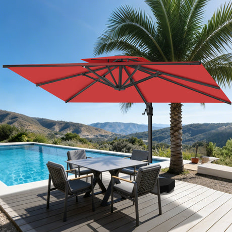 Patioslife 10x13 ft burgundy cantilever umbrella shading poolside dining table with palm tree and mountain view