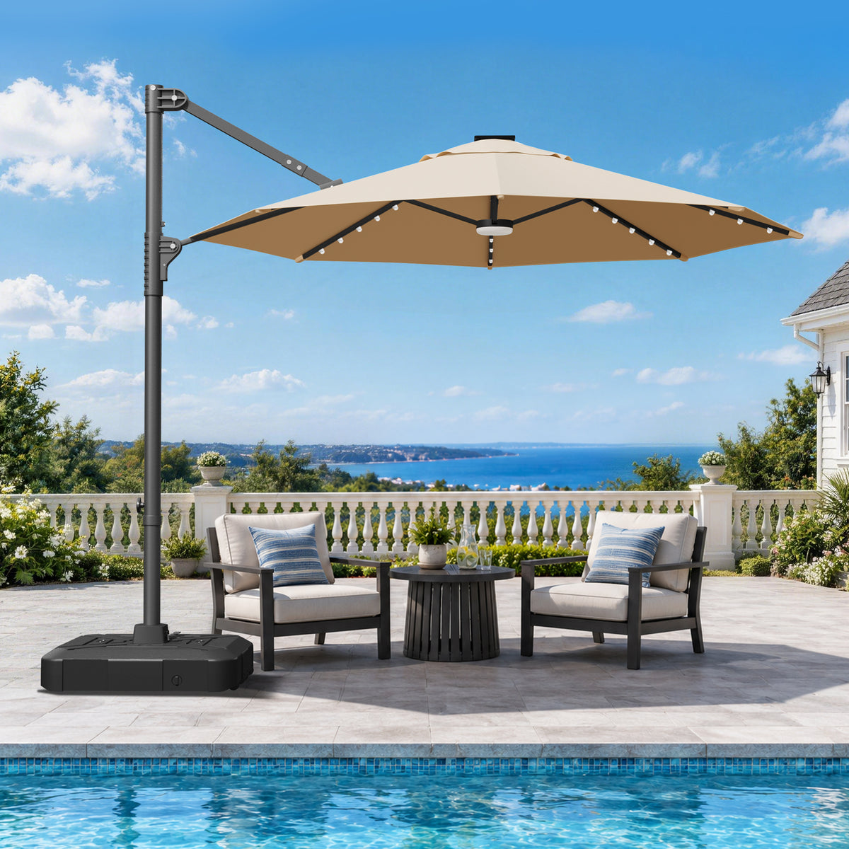 Patioslife Aegis 10ft Round Cantilever Patio Umbrella with solar LED lights | Premium Cover | Large Base