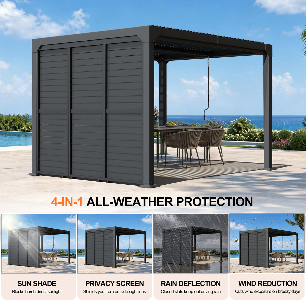 Patioslife Atlantic Series Aluminum Louvered Pergola Side Panel – Adjustable Louver Privacy Wall for Shade, Privacy & Airflow