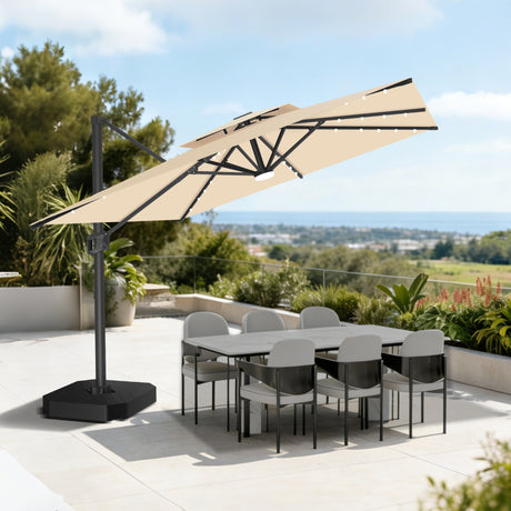 Patioslife 10x13ft cream patio umbrella with LED lights for outdoor dining table and sunny backyard shade