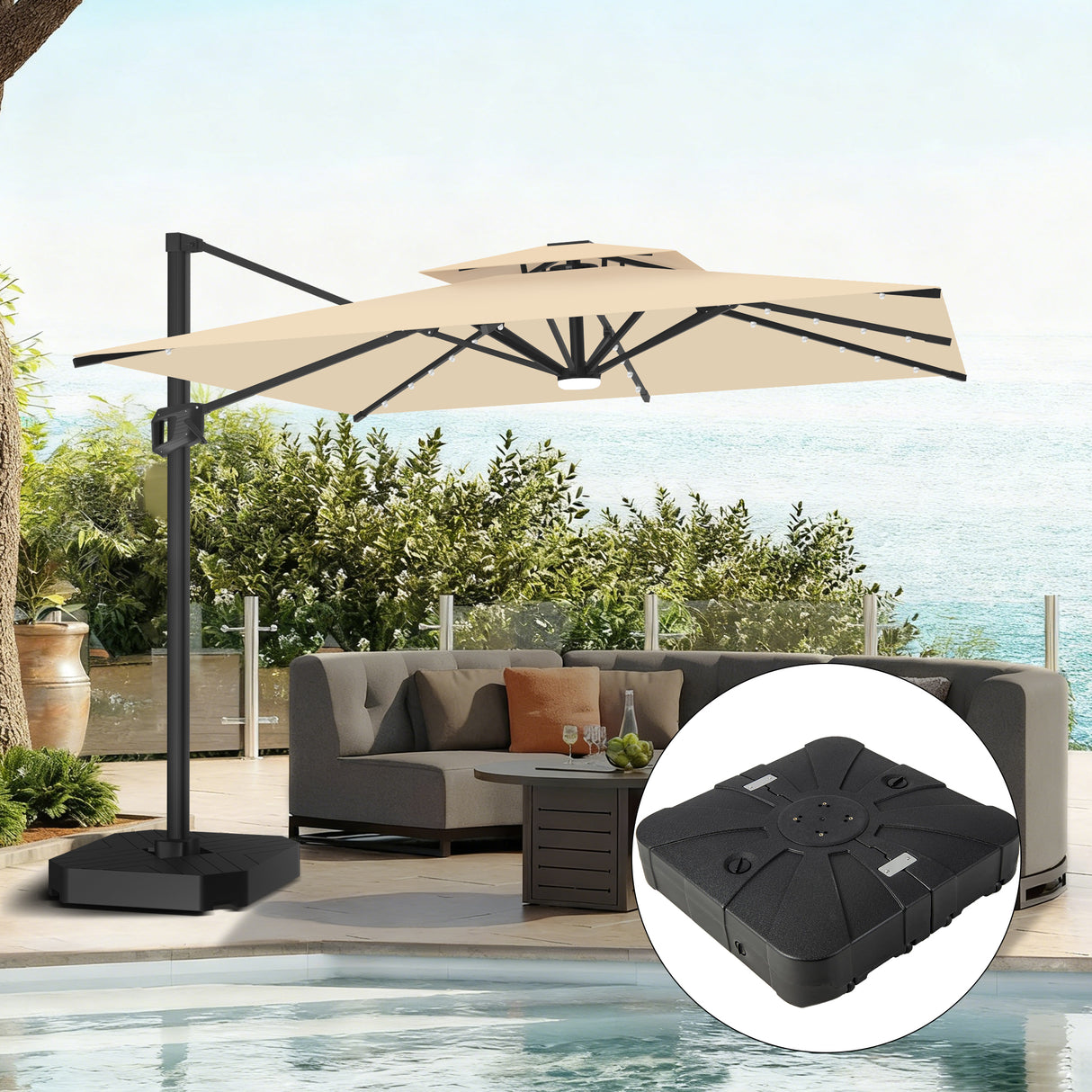 Patioslife 10x13ft cream cantilever patio umbrella with LED lights and heavy duty base for poolside outdoor seating