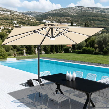 Patioslife 10x13 ft cream cantilever umbrella with LED lights over poolside dining table and outdoor patio chairs