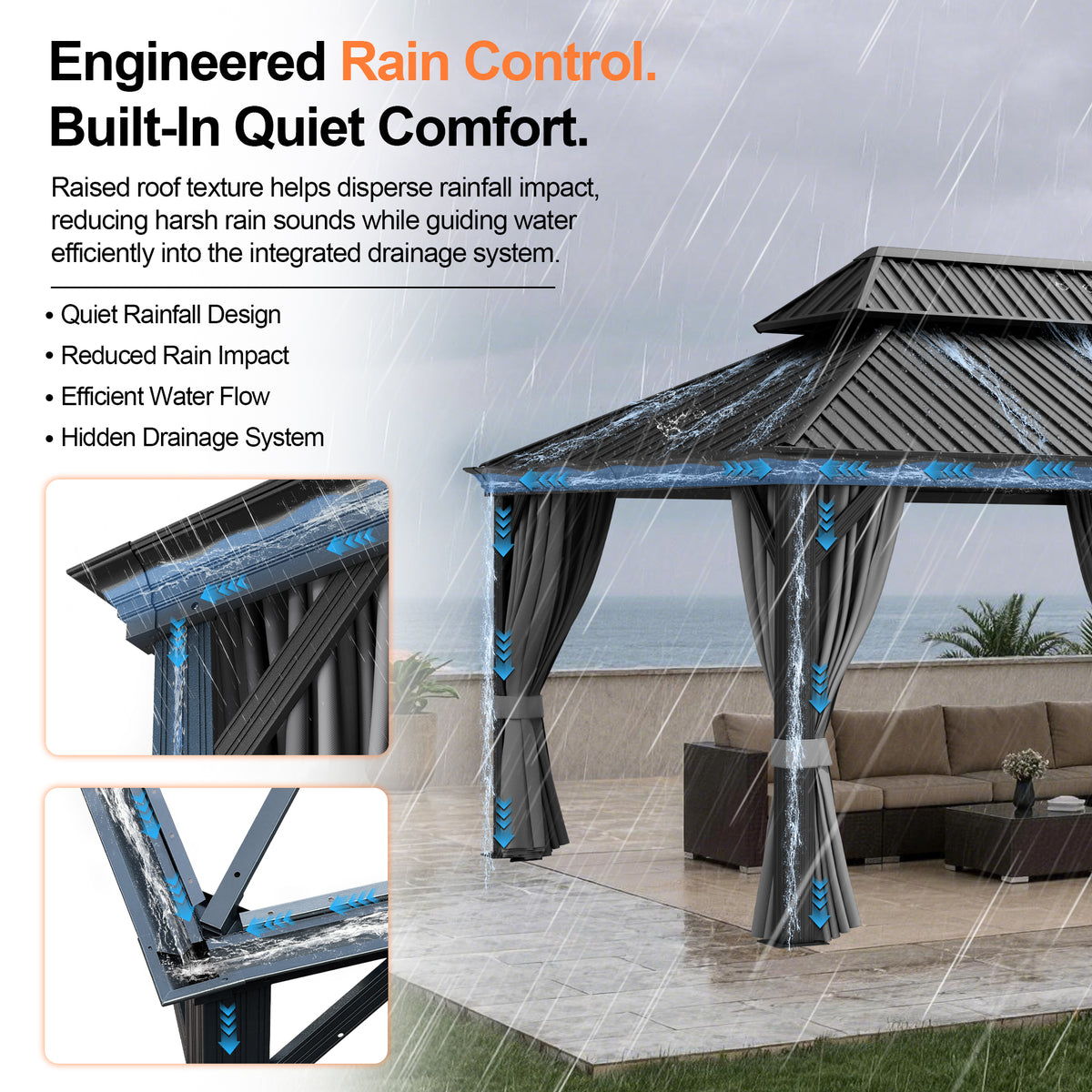 Patioslife Haven Luxury Hardtop Gazebo with 4.7” x 4.7” Reinforced Aluminum Posts, Built-In Drainage Gutters, Curtains & Netting for Patios & Backyards
