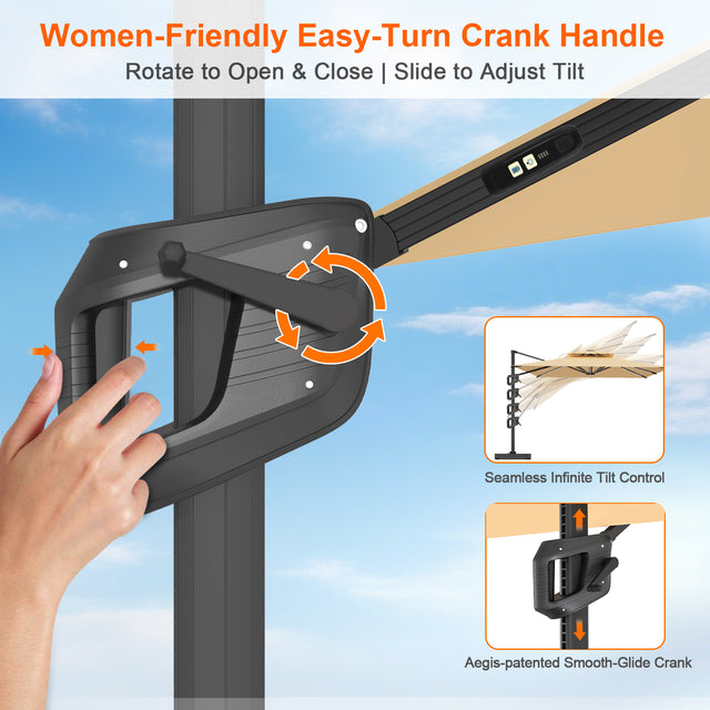 Patioslife cantilever umbrella easy turn crank handle for opening closing and tilt adjustment