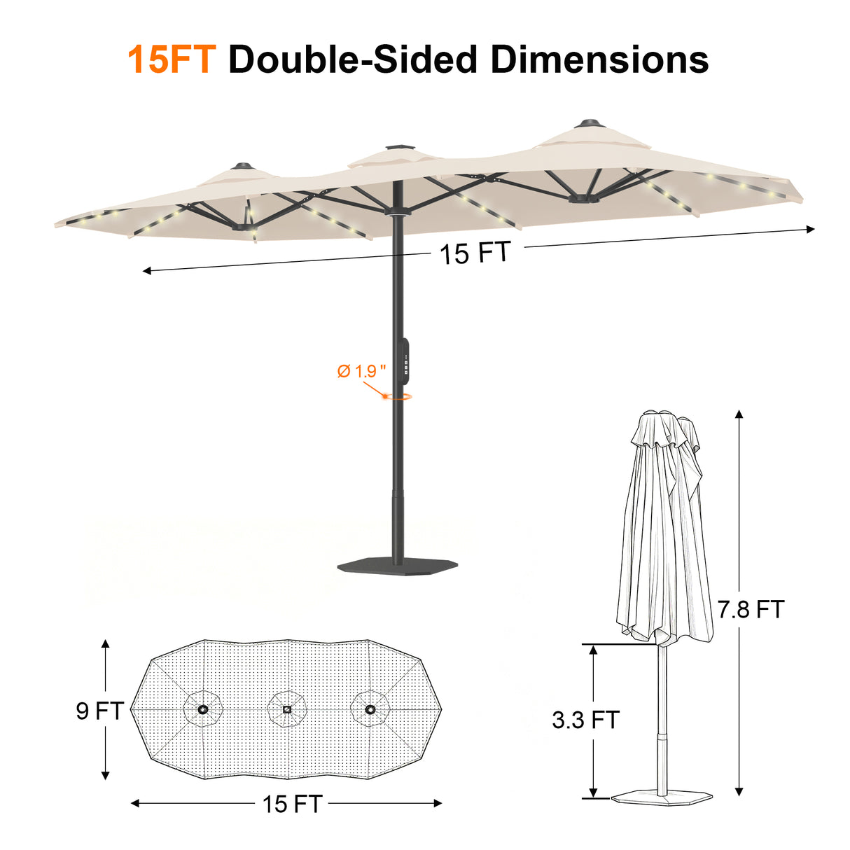 Patioslife Aegis Premium Motorized Double-Sided Patio Umbrella — Remote Control, UPF 50+, Solar LED & Windproof Frame