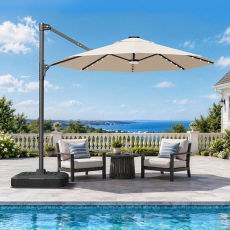 Patioslife Aegis 10ft Round Cantilever Patio Umbrella with solar LED lights | Premium Cover | Large Base