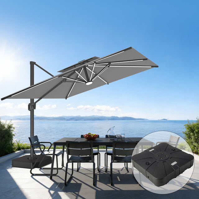 Patioslife 10x13 ft gray cantilever umbrella with LED lights and wheeled base for outdoor ocean view patio