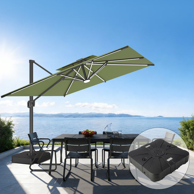 Patioslife 10x13 ft green cantilever umbrella with LED lights and wheeled base over patio dining furniture