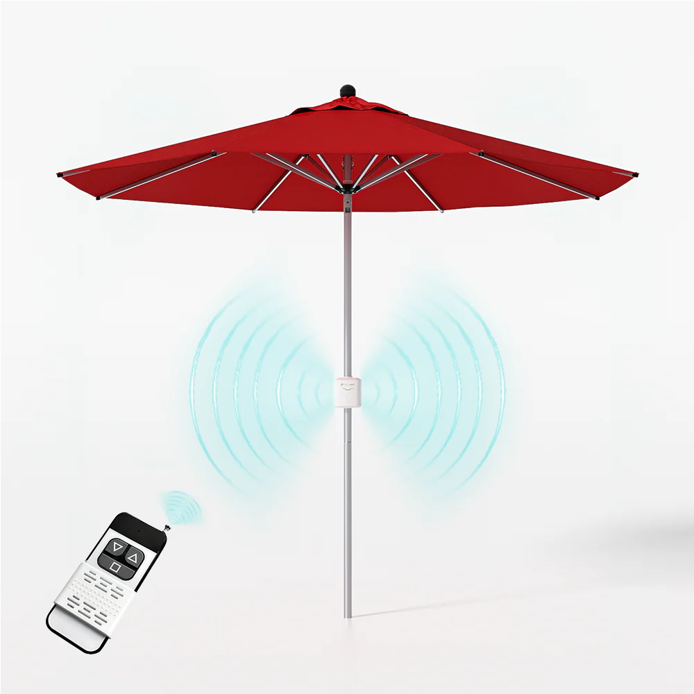 9ft Motorized Patio Umbrella – Remote Control, Easy Tilt Adjustment & Optional Base for Garden, Deck or Poolside Shade