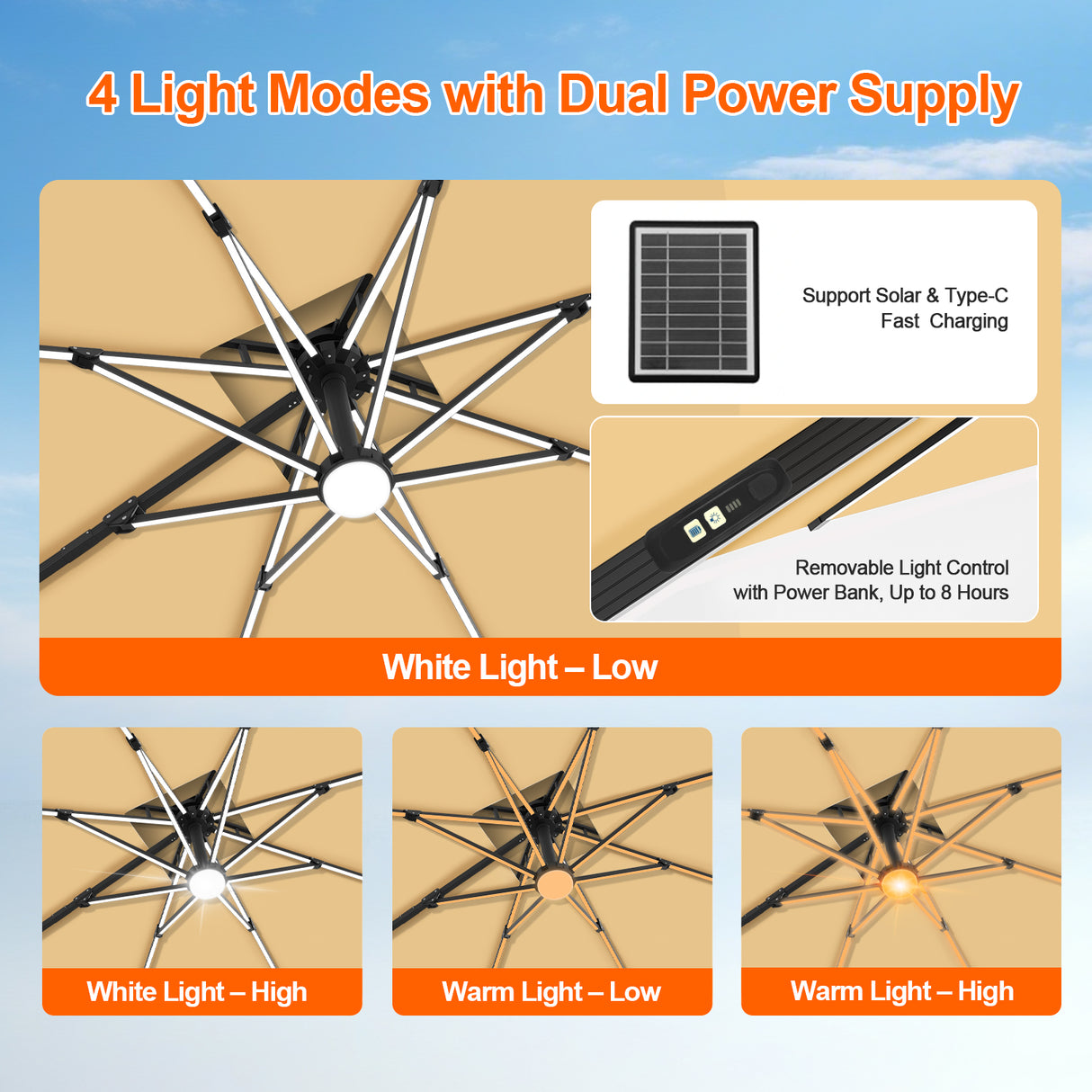 Patioslife cantilever umbrella LED light modes with solar and Type C dual power supply
