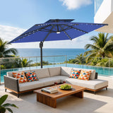 Patioslife 10x13ft navy blue cantilever umbrella with LED lights over outdoor sectional sofa by pool and ocean view
