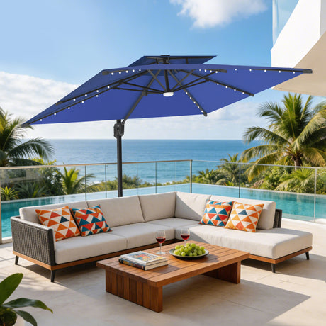 Patioslife 10x13ft navy blue cantilever umbrella with LED lights over outdoor sectional sofa by pool and ocean view