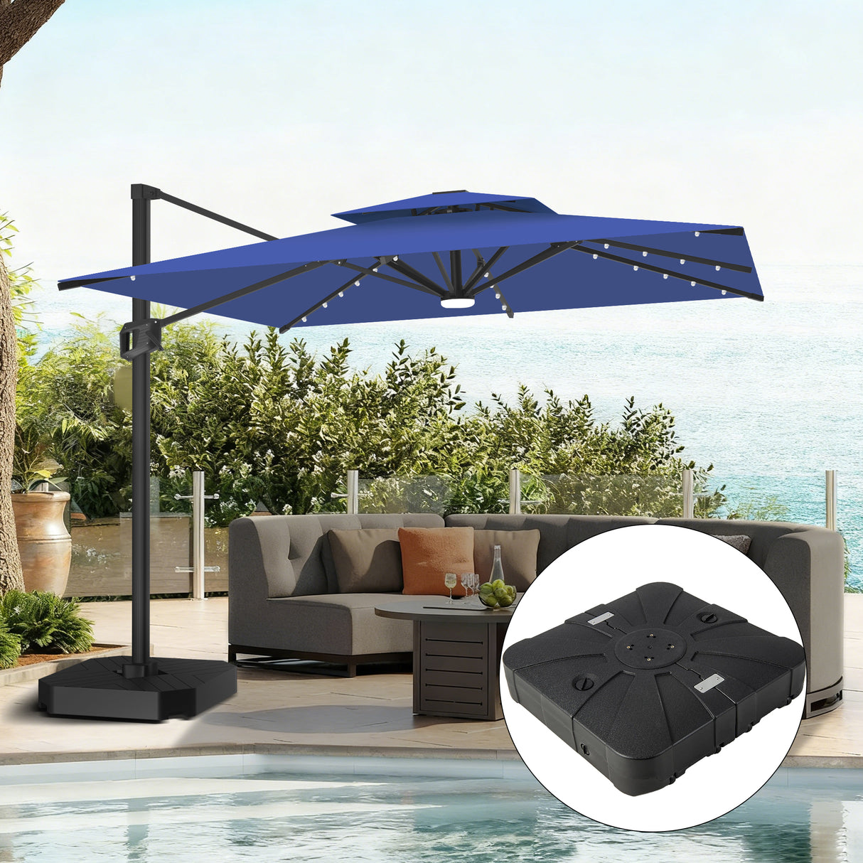 Patioslife 10x13ft navy blue cantilever umbrella with LED lights and weighted base for poolside outdoor sofa shade