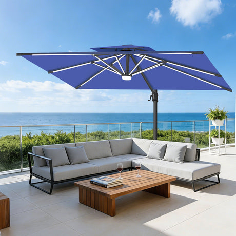 Patioslife 10x13 ft navy
blue cantilever umbrella with LED lights shading outdoor patio furniture on ocean view terrace