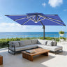 Patioslife 10x13 ft navy
blue cantilever umbrella with LED lights shading outdoor patio furniture on ocean view terrace