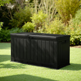 Patioslife 90 gallon weatherproof storage box, garden setting with greenery
