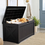 Patioslife 90 gallon black outdoor storage box with pillows, indoor patio setting