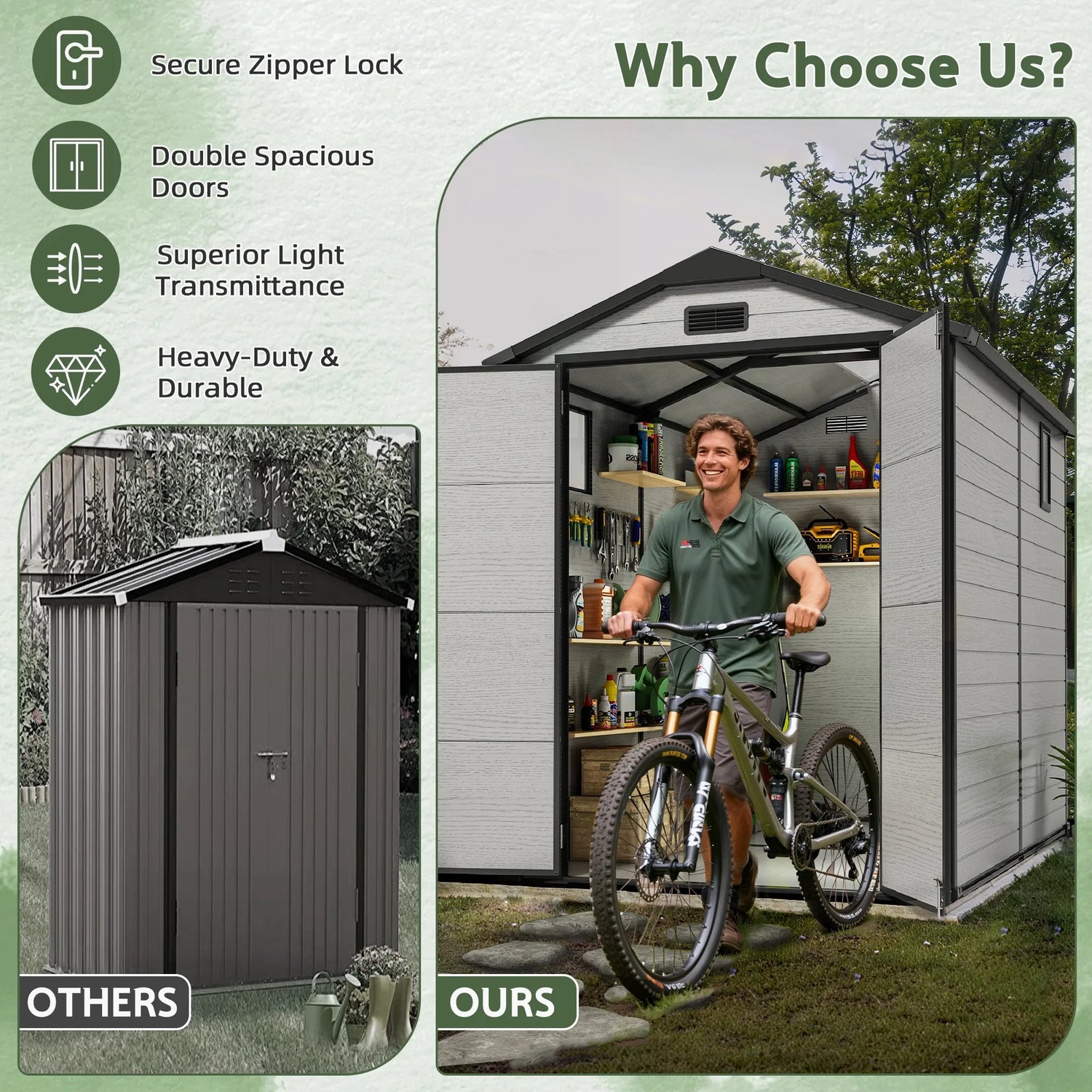 Why Choose Patioslife  6x6 ft Storage Shed, Durable Resin Construction with Spacious Doors and Superior Light Transmission