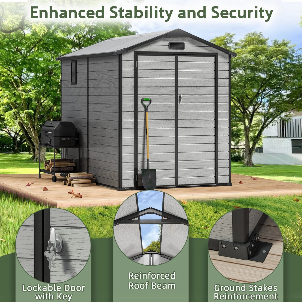 Patioslife  6x6 ft Resin Storage Shed, Enhanced Stability with Lockable Door, Reinforced Roof and Ground Stakes